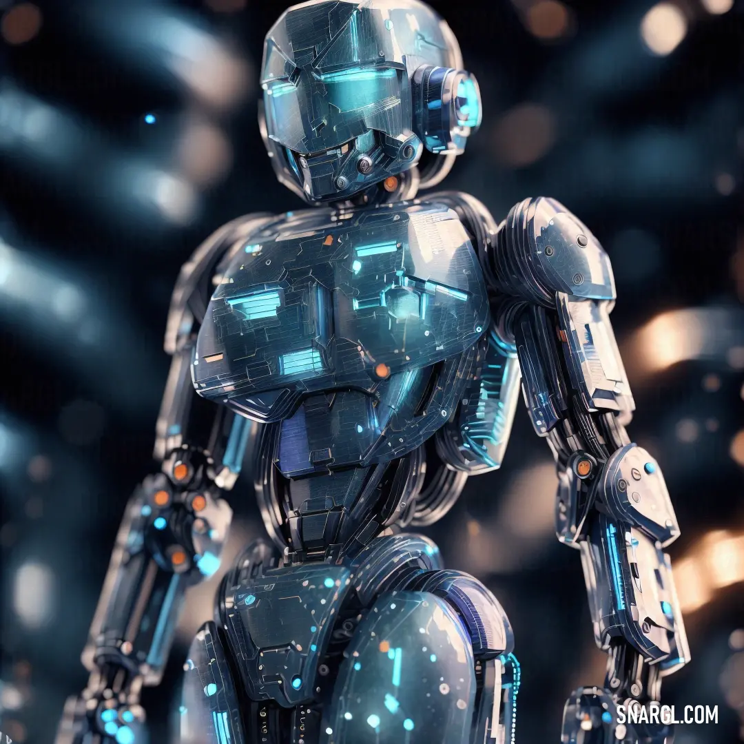 Futuristic robot is standing in front of a dark background with lights and spots on it's body