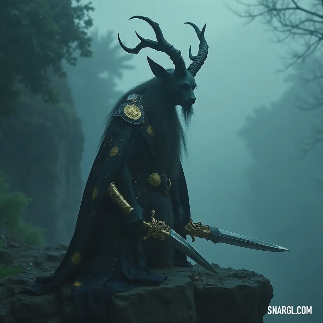 A majestic horned warrior stands tall upon a rock amidst a foggy woodland, clad in intricate armor, embodying the spirit of bravery and mystery.