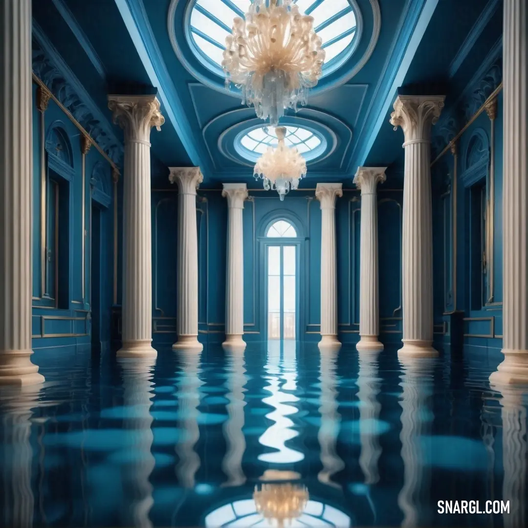 Moonstone blue color example: Large room with columns and a chandelier hanging from the ceiling and a large window in the center