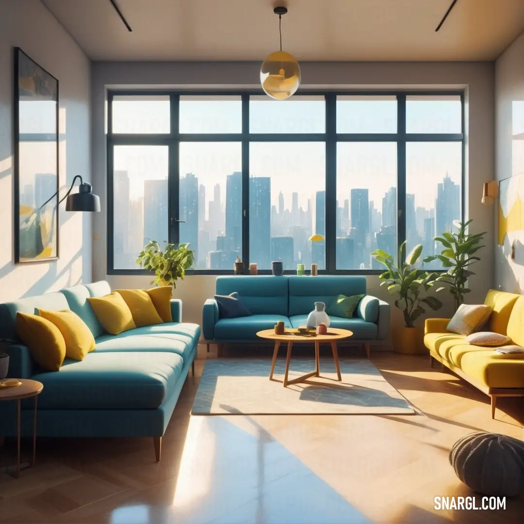 Living room with a large window and a blue couch and a table with a plant on it and a city view. Color RGB 115,169,194.