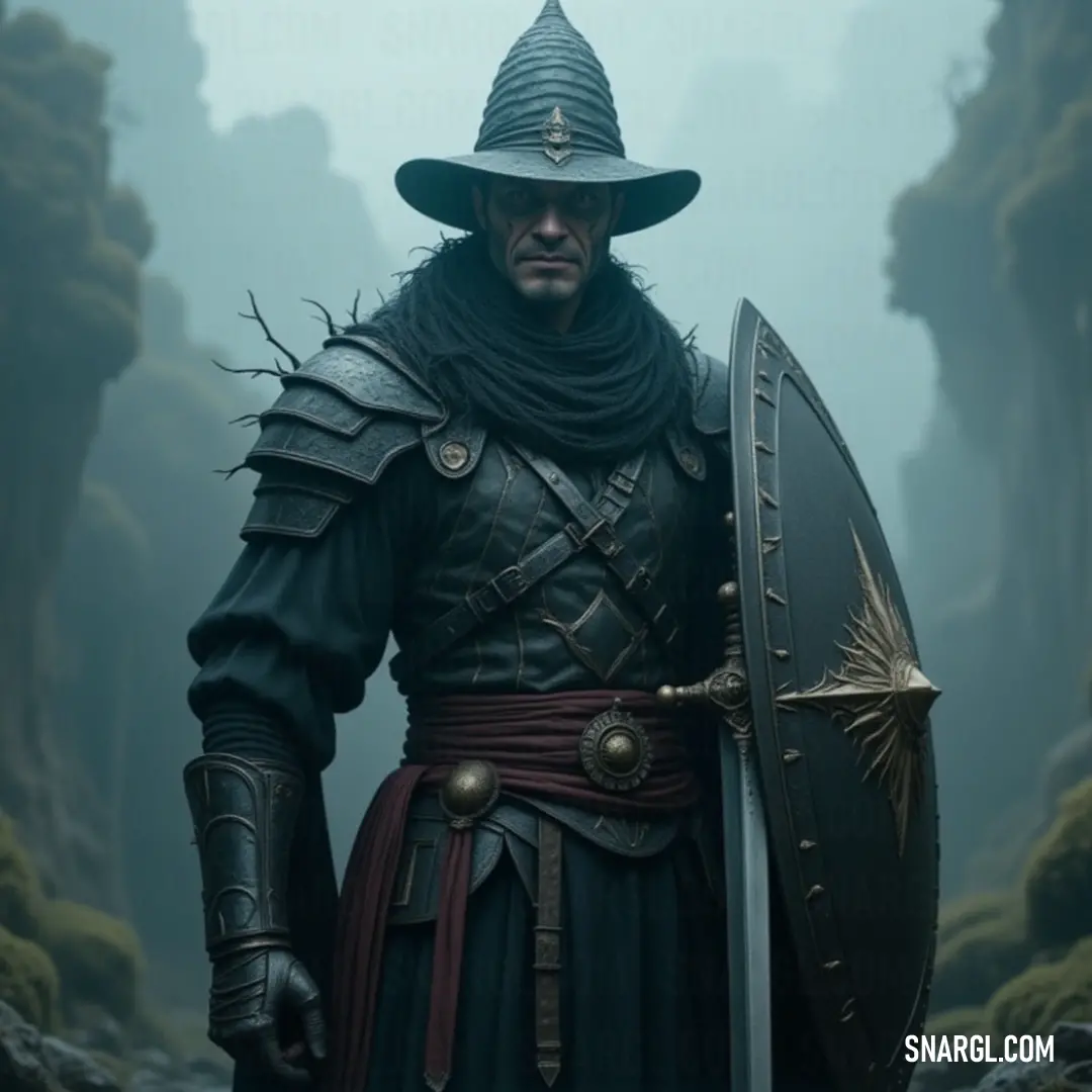 A mysterious warrior clad in armor, holding a sword and shield, stands in a fog-filled forest surrounded by towering trees. The soft mist adds a sense of eerie calm, with shades of blue blending into the misty atmosphere.