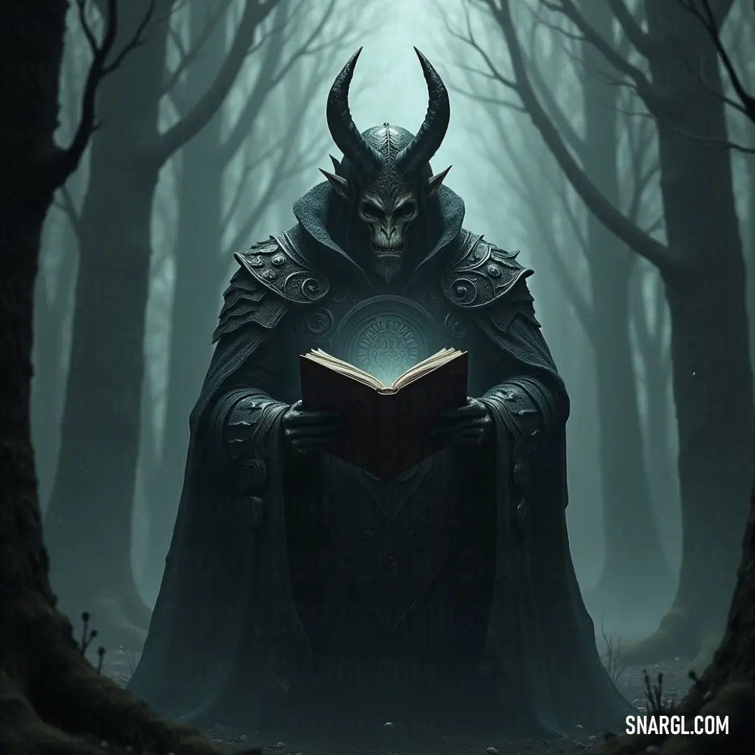 A figure in a horned costume sits on an ancient chair in a dense forest, deeply immersed in a book. A demon mask rests on his head, adding an ominous aura to the quiet moment. The surrounding woods are dense with shadow.