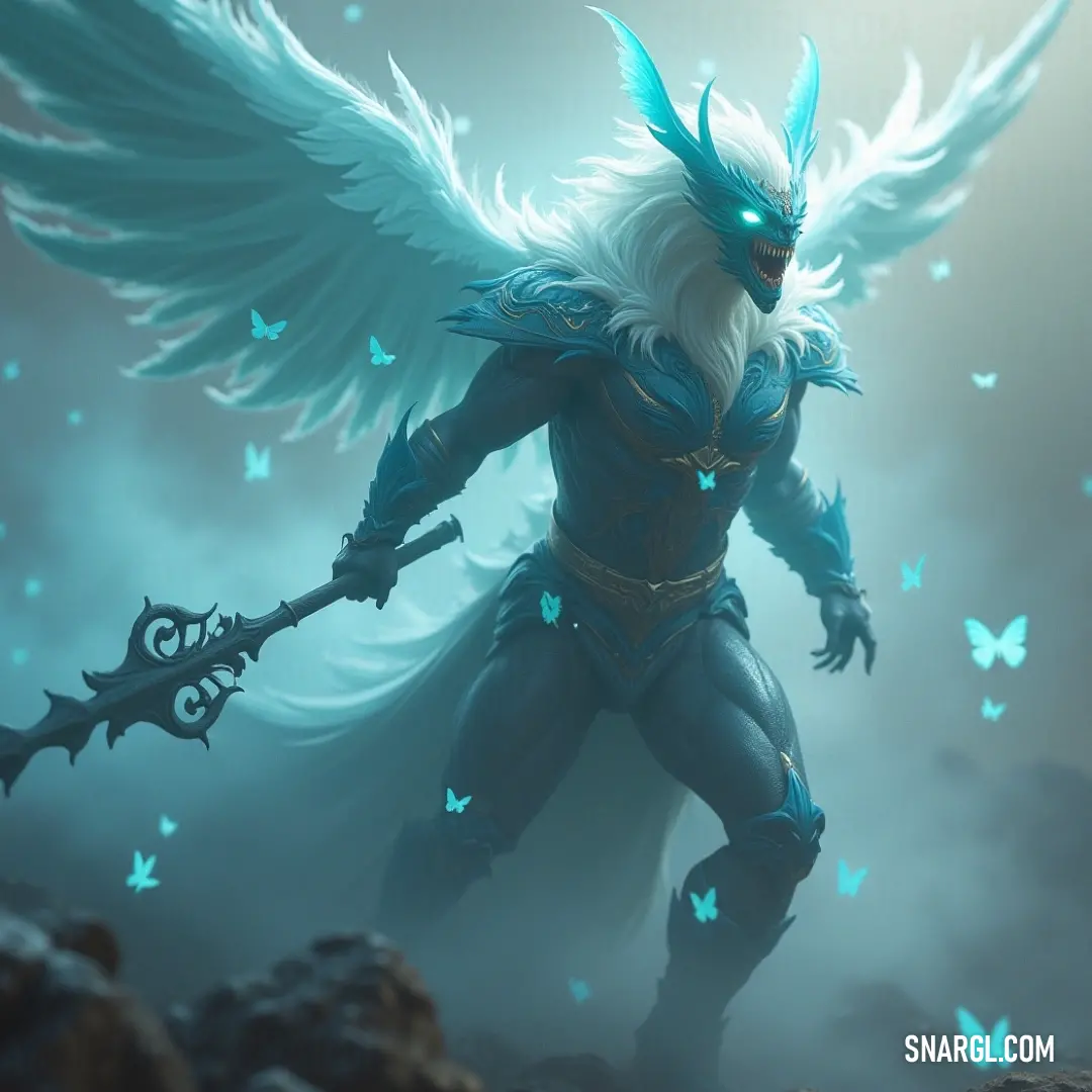 A fantastical figure with flowing white hair and radiant blue wings stands gracefully, brandishing a sword in one hand and delicately holding a butterfly in the other, embodying the essence of light and magic in an enchanting atmosphere.