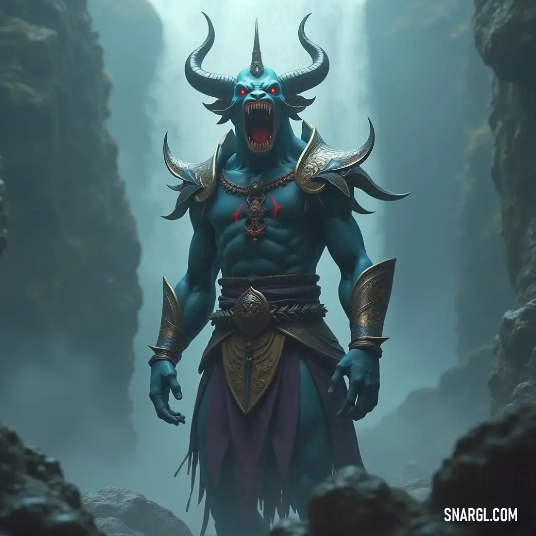 A mysterious figure with horns standing inside a dark cave, featuring an intricate demon-like face adorned on his chest. The ambiance is eerie, illuminated subtly, showcasing the majestic hue of the #73A9C2 color in the environment.