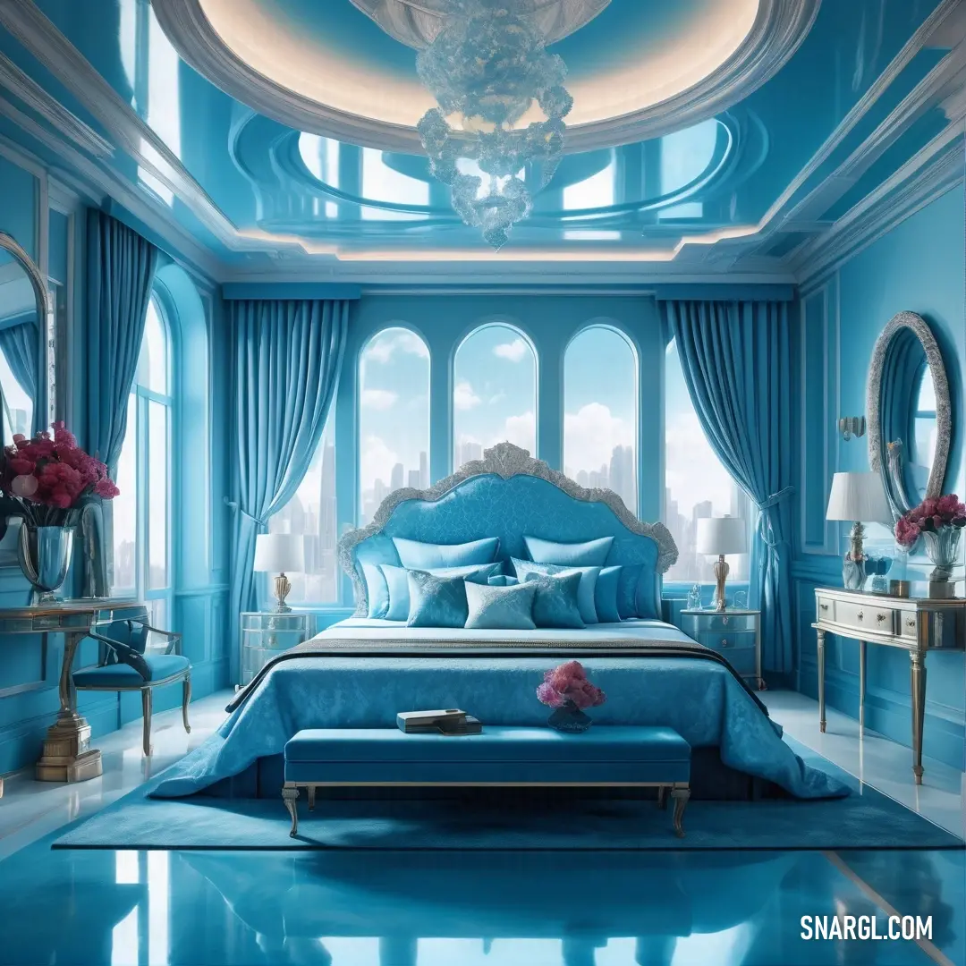 Moonstone blue color. Bedroom with a blue bed and a chandelier and a mirror on the wall and a chandelier hanging from the ceiling