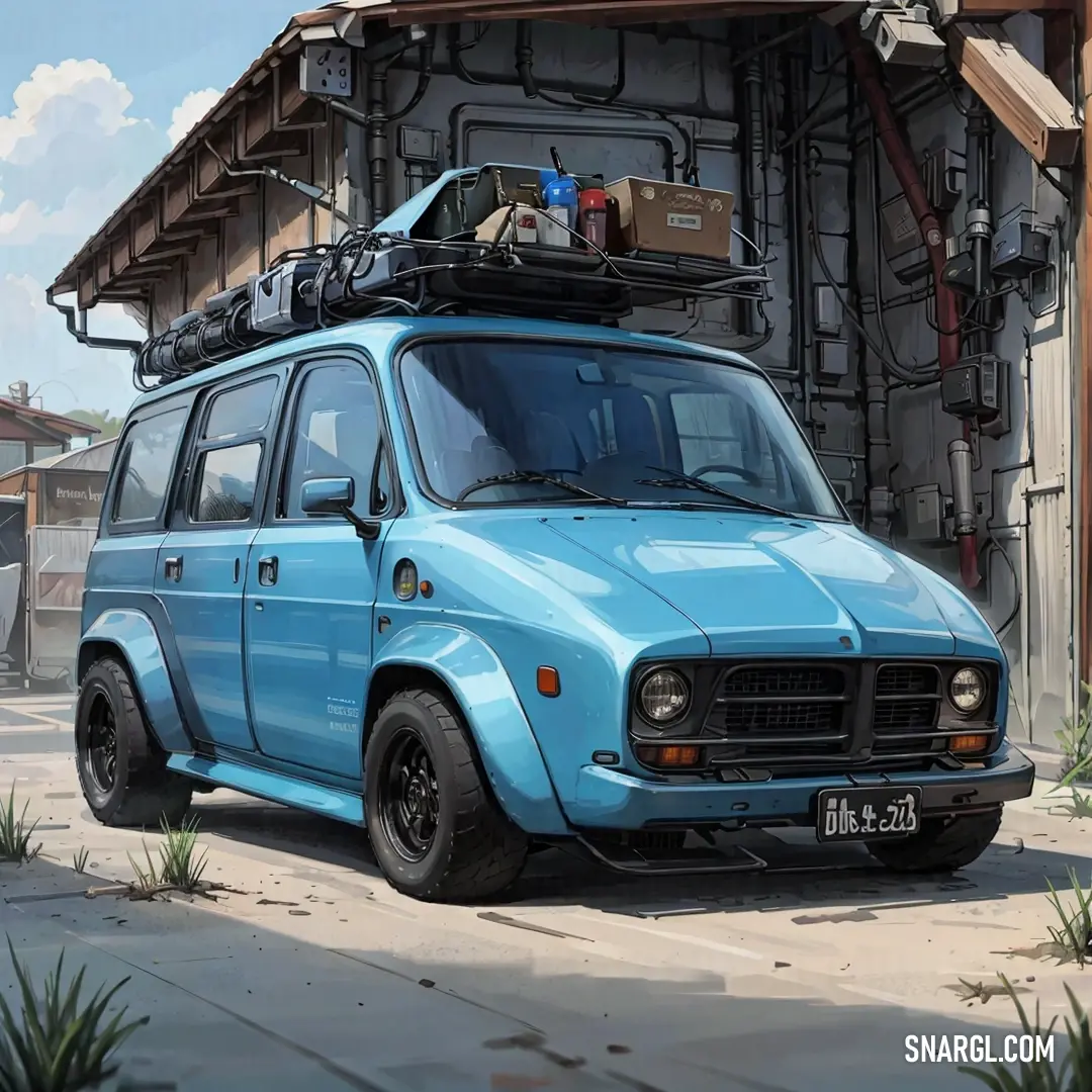 Moonstone blue color. Blue van with luggage on top of it parked in front of a building with a roof rack