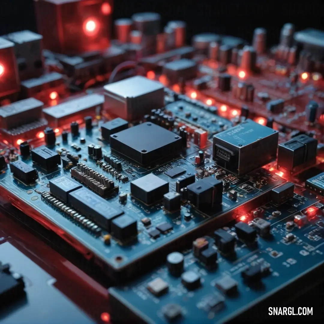 A close-up view of a vibrant computer board captures a busy array of electronic components highlighted by dramatic red lights, illustrating the dynamic nature of technology and the remarkable innovation that shapes our modern world.