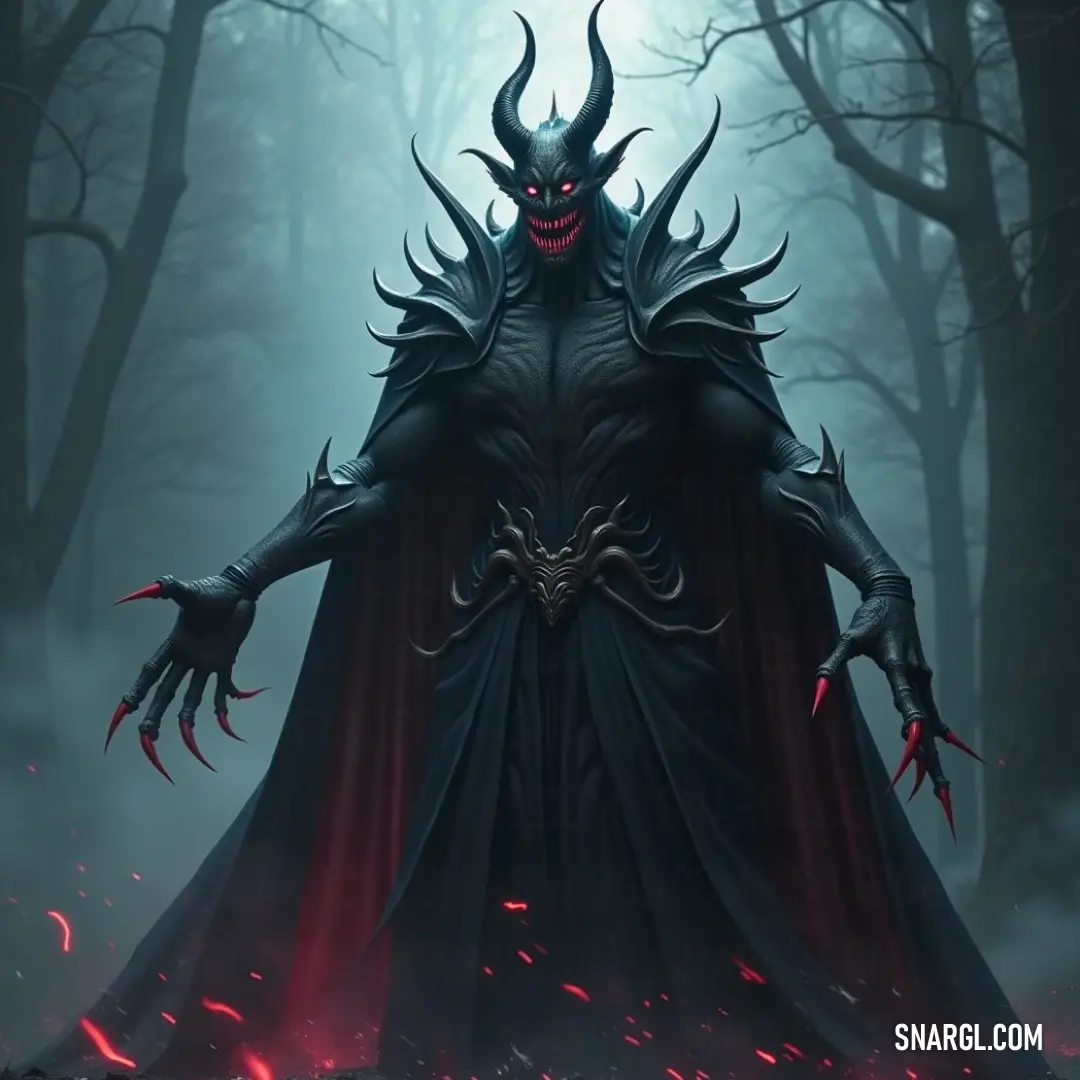 A demonic figure stands proudly in a dark forest, red flames flickering around him. His hands rest on his hips, and his fiery aura contrasts with the cool, shadowed woods around him.