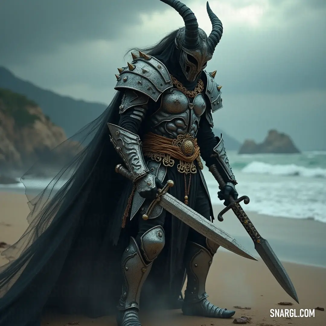 A warrior in gleaming armor stands on a windswept beach, sword in hand, gazing out at the ocean. The sky above is heavy with clouds, and the shoreline is bathed in the soft, cool light of the approaching storm.