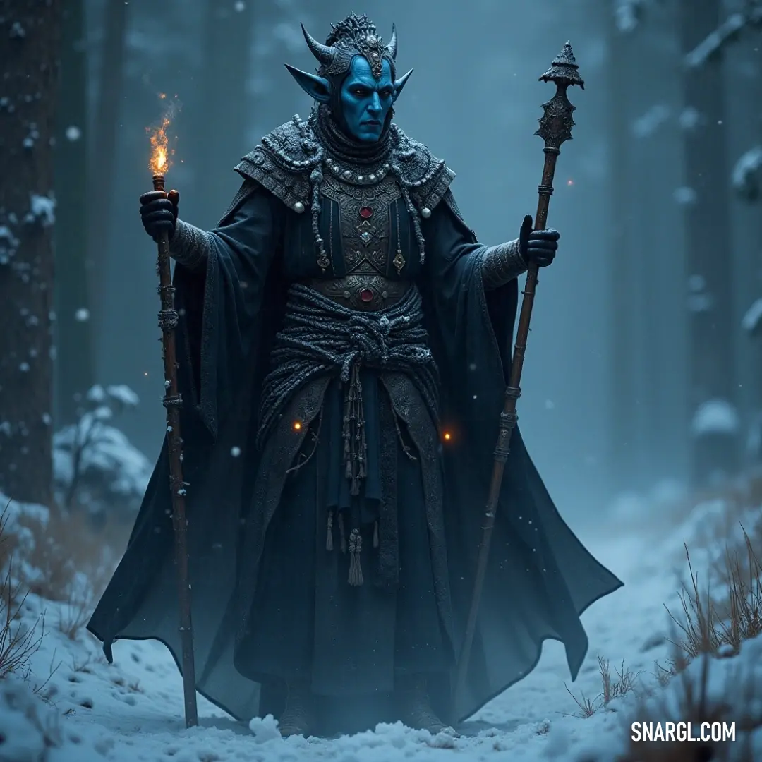 A mysterious figure cloaked in a stunning costume holds a candle while navigating through a snowy forest. The ethereal atmosphere and flickering light create a magical scene filled with enchanting possibilities and intrigue.