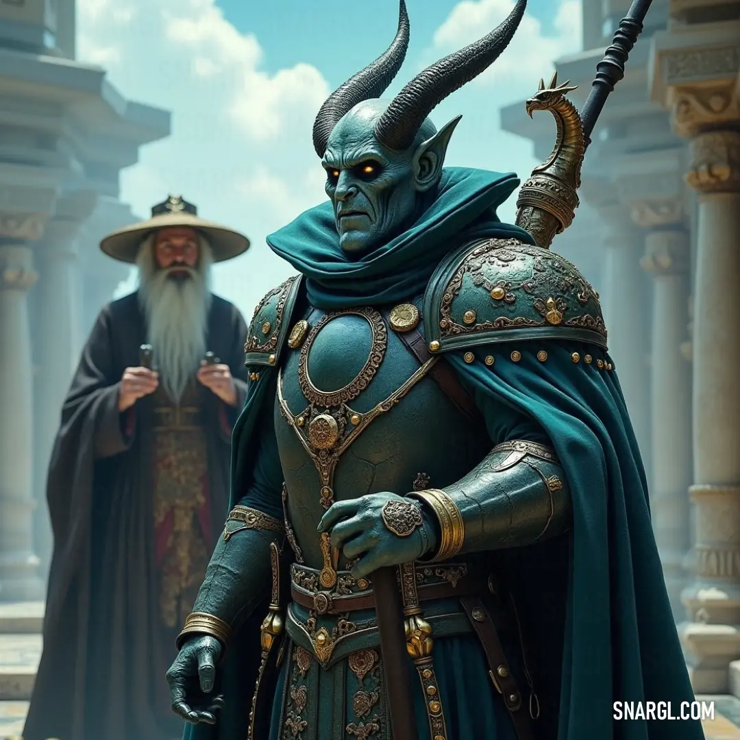 A man in a green outfit and a horned figure in black stand side by side before an imposing building. The cool colors in the scene contrast with the imposing structures behind them, creating a striking visual harmony.