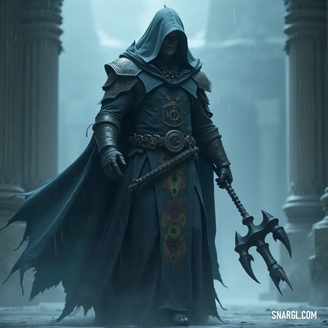 A brave warrior clad in a hooded outfit, gripping a sword in one hand and a shield in the other, stands boldly in a fog-drenched landscape surrounded by ancient columns, emphasizing an air of mystery and adventure.