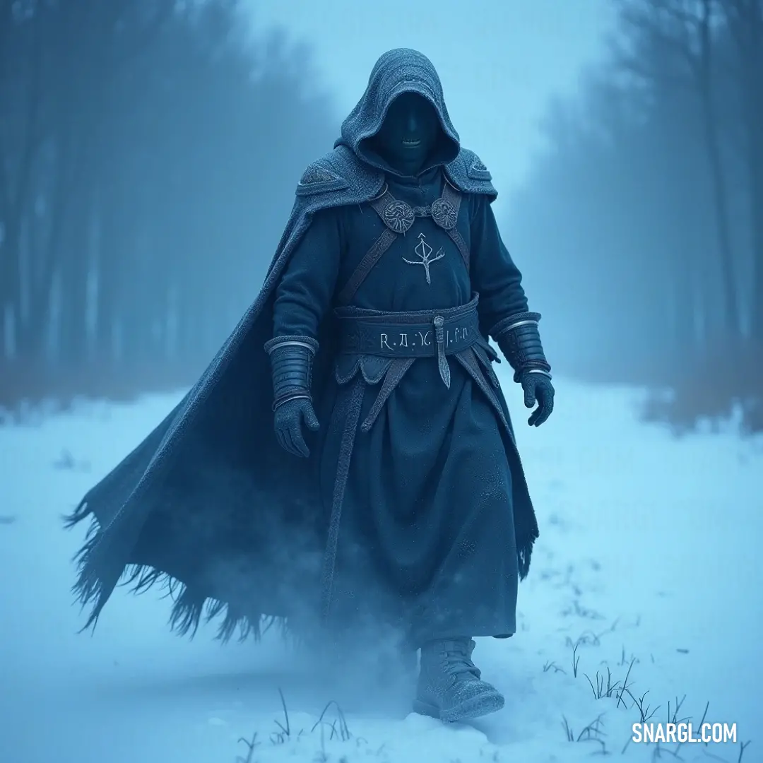 A lone figure clad in a hooded outfit traverses a serene snow-covered forest, surrounded by towering trees, capturing a moment of solitude and adventure.