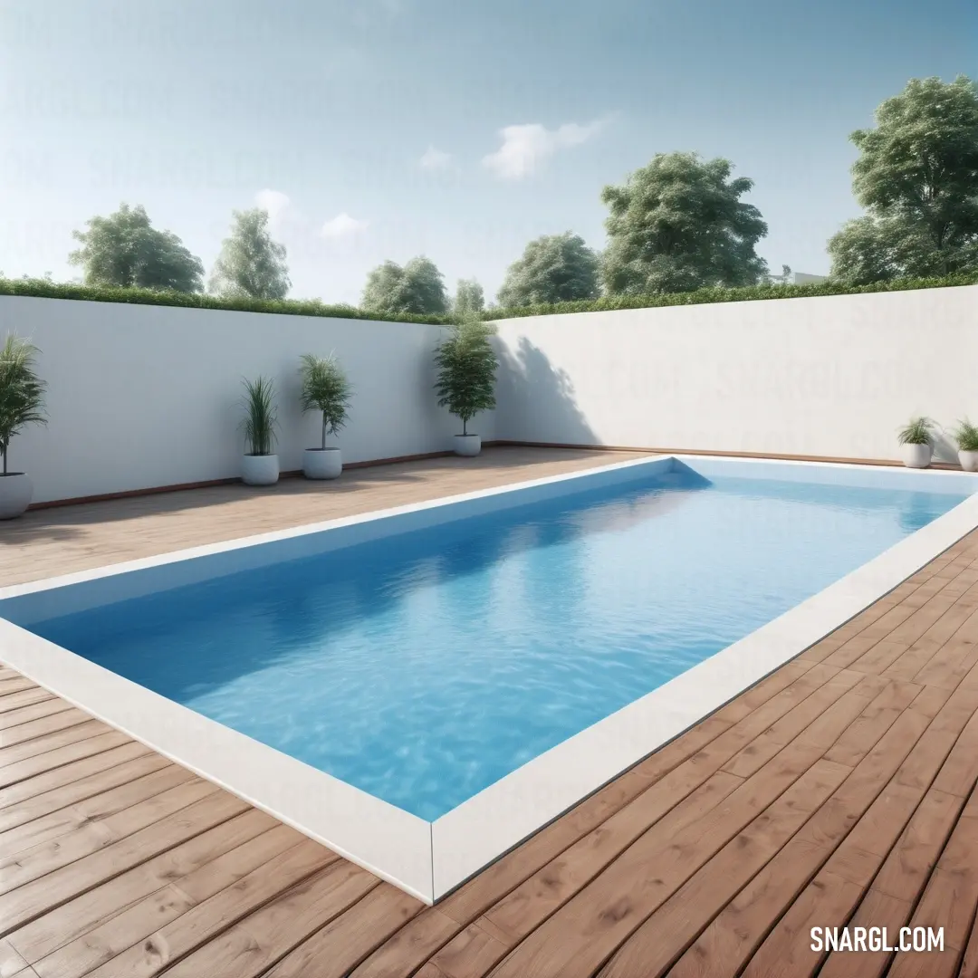 Pool with a wooden deck and a white fence around it and a white wall behind it and a wooden deck with a pool. Color RGB 115,169,194.