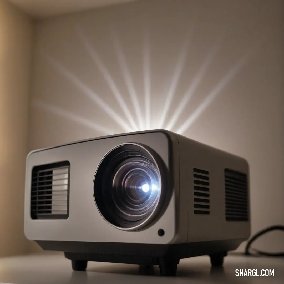 A sleek projector rests on a polished table, casting a brilliant light that dances on its surface and highlights the connected cord in front. The inviting glow suggests endless possibilities for creativity and entertainment in any setting.