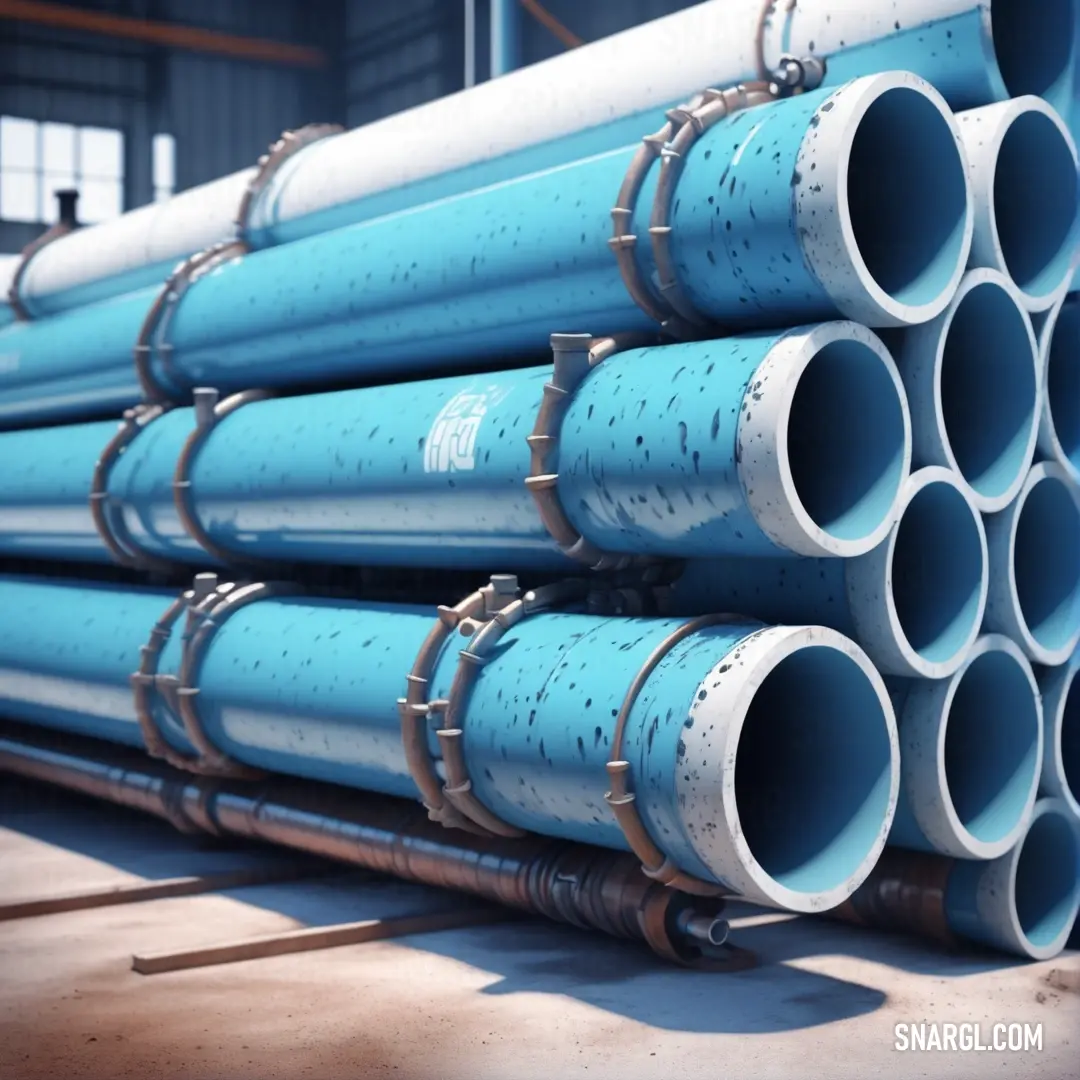 Stack of blue pipes in a warehouse with a large amount of pipes behind them on the floor of the warehouse. Example of RGB 115,169,194 color.