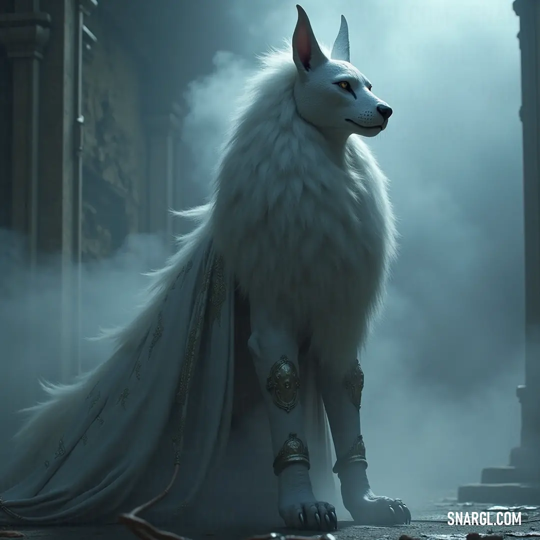 A charming white dog, clad in a regal white gown and an adorable wolf-like costume, stands in a mystical, fog-laden area. Its mythical appearance sparks imagination and warmth, setting a whimsical tone for any viewer.