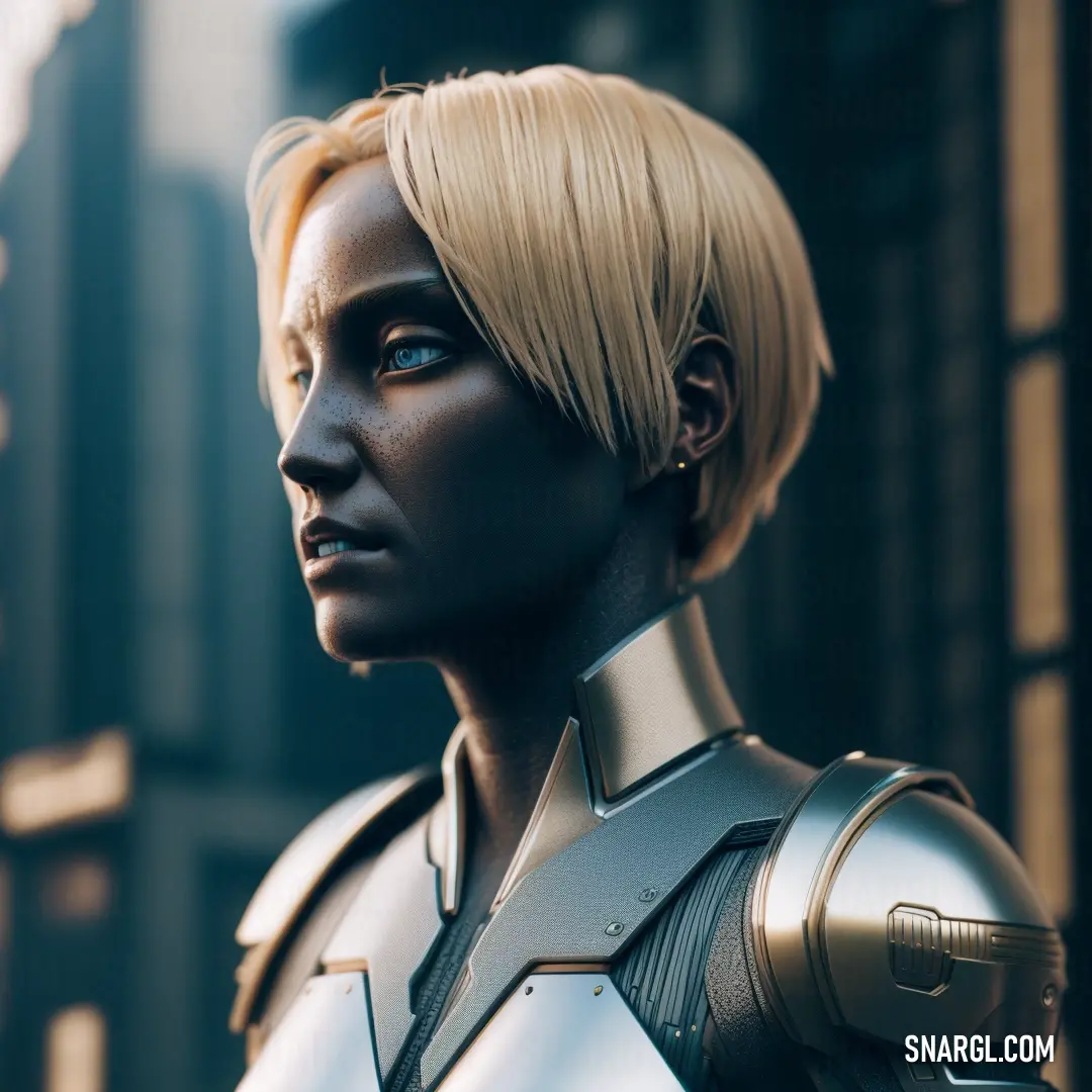 A woman with blonde hair and blue eyes, dressed in a sleek futuristic suit, gazes thoughtfully into the distance. The city behind her fades into a backdrop of neon lights and towering structures, hinting at a world full of untold stories.