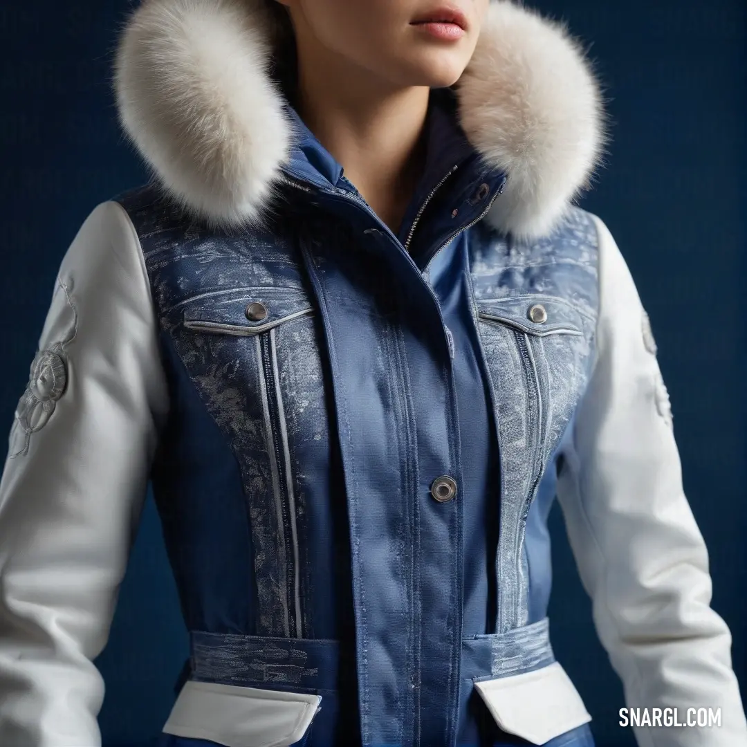 A fashionable woman models a stunning blue jacket adorned with a luxurious fur collar and accented with white sleeves, exuding elegance and warmth. Her attire captures the essence of sophisticated winter style and vibrant color combos.