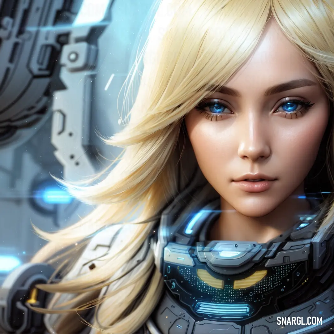 A woman with blonde hair and blue eyes, clad in a futuristic suit and helmet, stands in the heart of a bustling city. Her presence exudes both grace and power, as she gazes ahead, ready for whatever lies beyond.