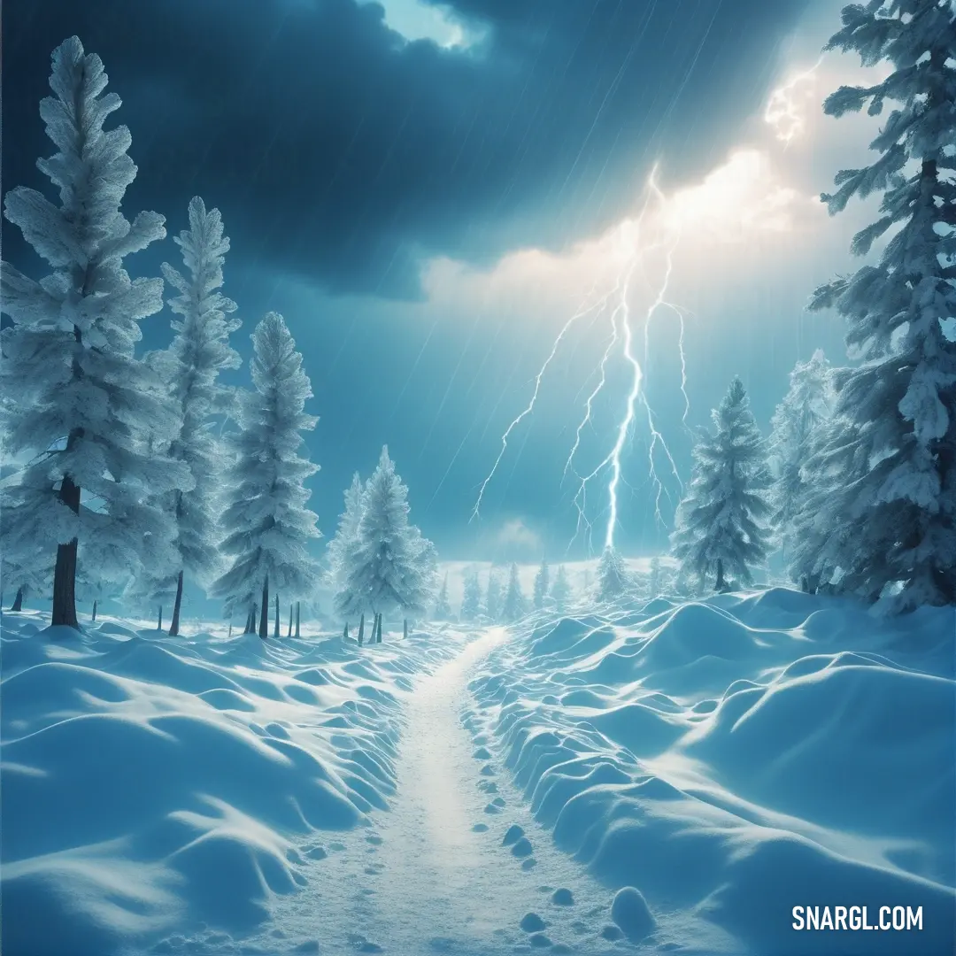 Painting of a snowy path leading to a forest with a lightning bolt in the sky above it and a dark cloud filled sky