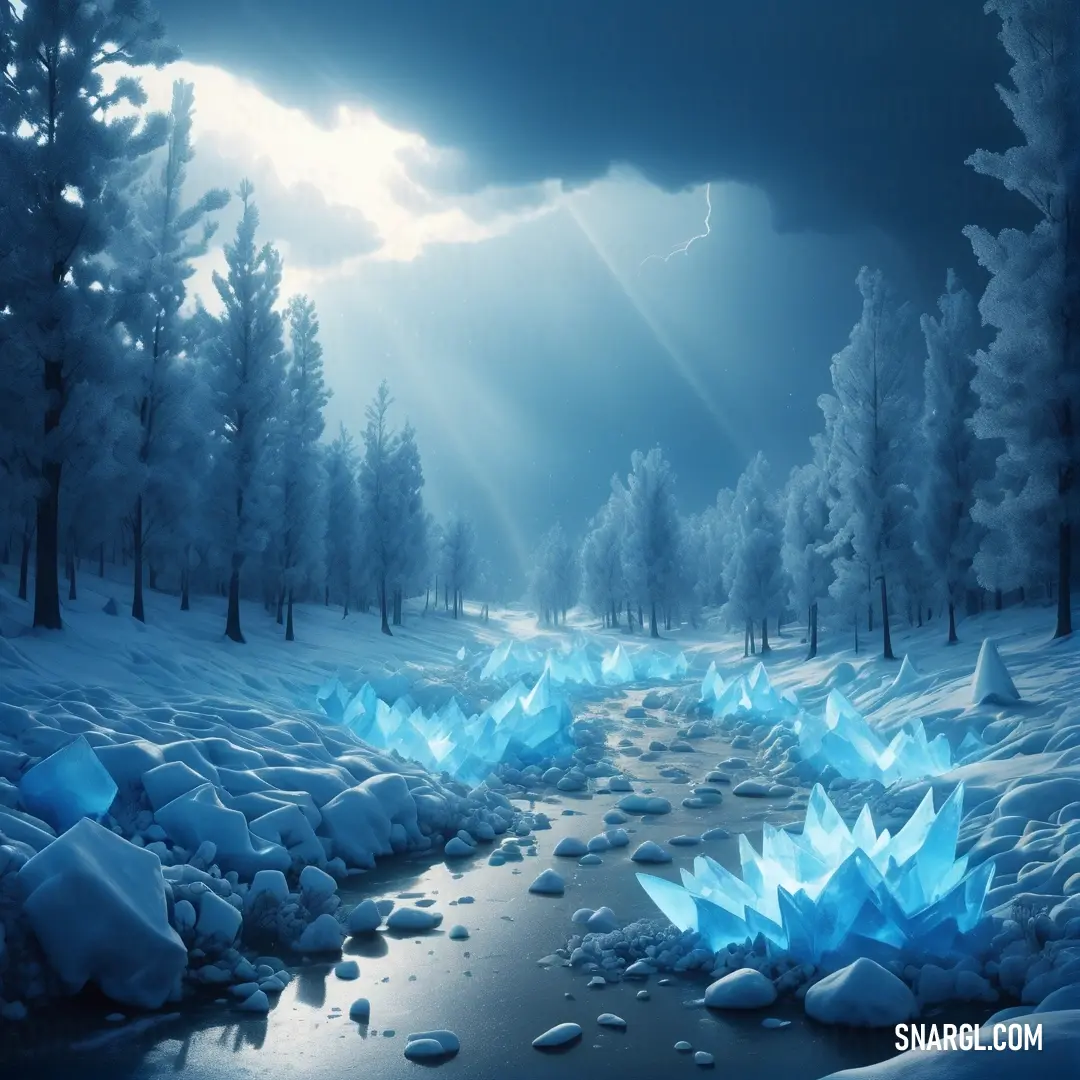 Moonstone blue color. Painting of a stream of water surrounded by ice and snow covered rocks and trees under a cloudy sky