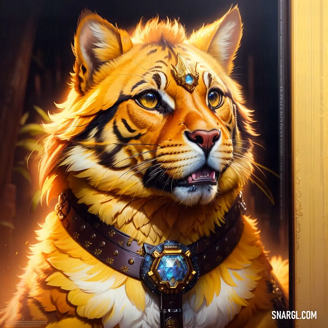 A majestic tiger depicted wearing a leather collar with a jeweled diamond, exuding strength and elegance. The striking colors of the collar contrast with the fierce yet graceful expression of the tiger.