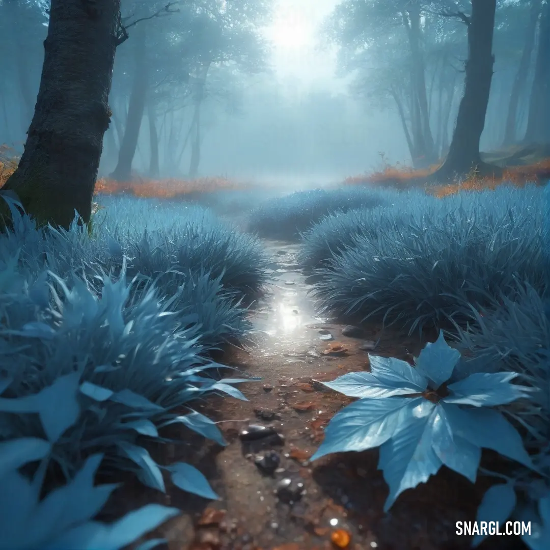 Path through a forest with blue flowers on the ground and fog in the air above it. Example of #73A9C2 color.