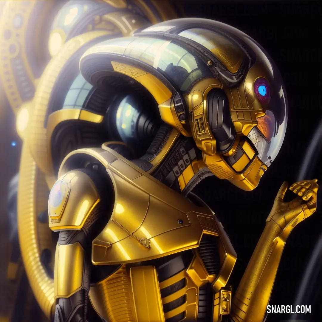 A futuristic robot stands with its hand placed thoughtfully on its face, caught in a moment of deep contemplation. The metallic surface and sleek design of the robot are accentuated by the rich color palette surrounding it.