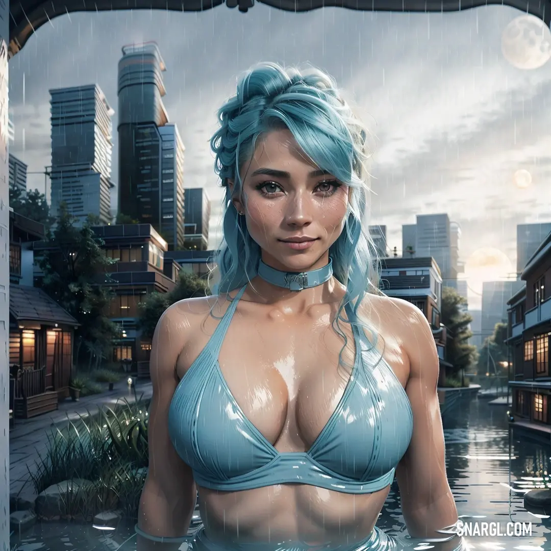 Woman in a bikini standing in a pool of water in a cityscape