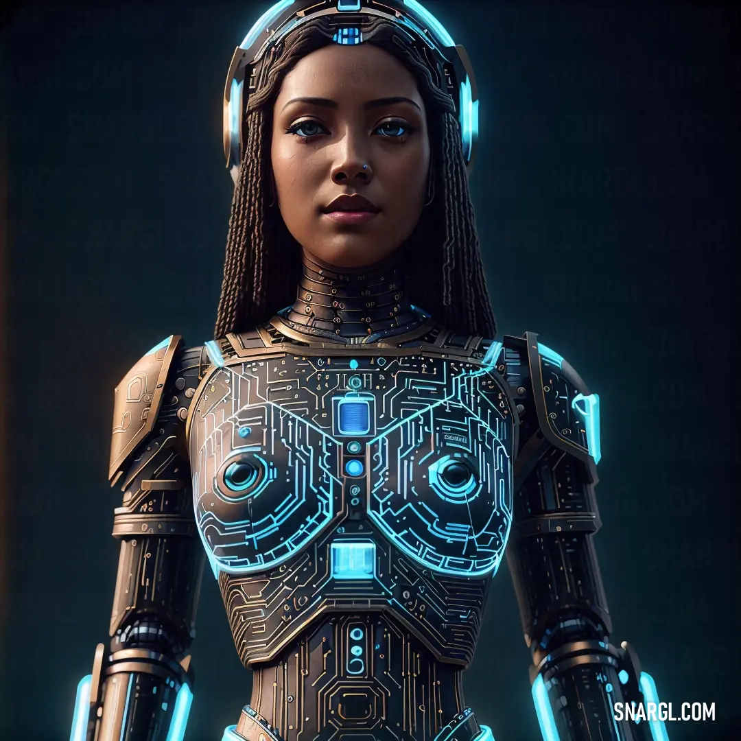 A woman dressed in a cutting-edge futuristic suit, complete with a sleek helmet that complements her powerful and sophisticated look. She stands confidently, her form an embodiment of strength and technology.