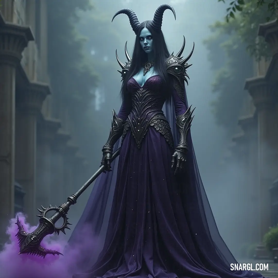 A woman in a flowing purple dress holds a large horned staff, standing in a foggy area with a lone tree in the distance. The mist wraps around her, creating a dreamlike atmosphere.