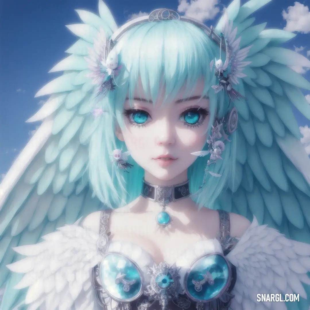 Woman with blue eyes and wings on her head and chest