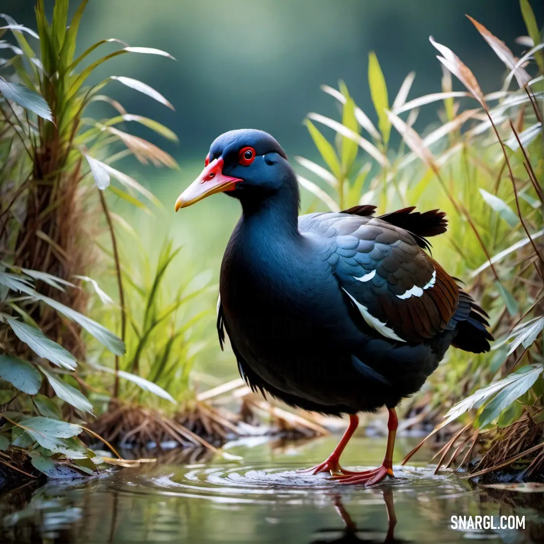 Moorhen standing in the shallow water surrounded by lush plants, water lilies, and reeds A moorhen calmly stands in the shallow waters near vibrant plants, including water lilies, reeds, and tall grasses, as the natural beauty of the wetland unfolds around it.