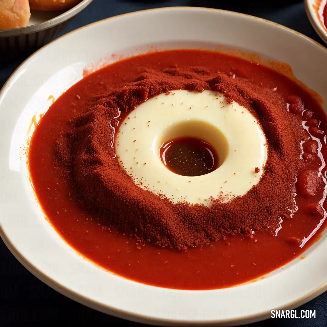 Bowl of red sauce with a white saucer in the center of it and a spoon in the middle