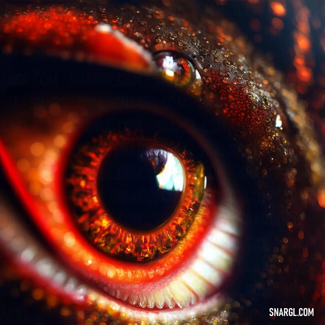 Close up of a red eye with water droplets on it's iris and a black background with a white spot