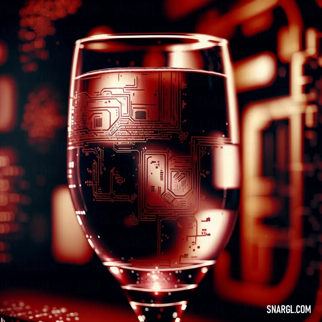 Glass of wine with a circuit board pattern on it's side and a red background with lights