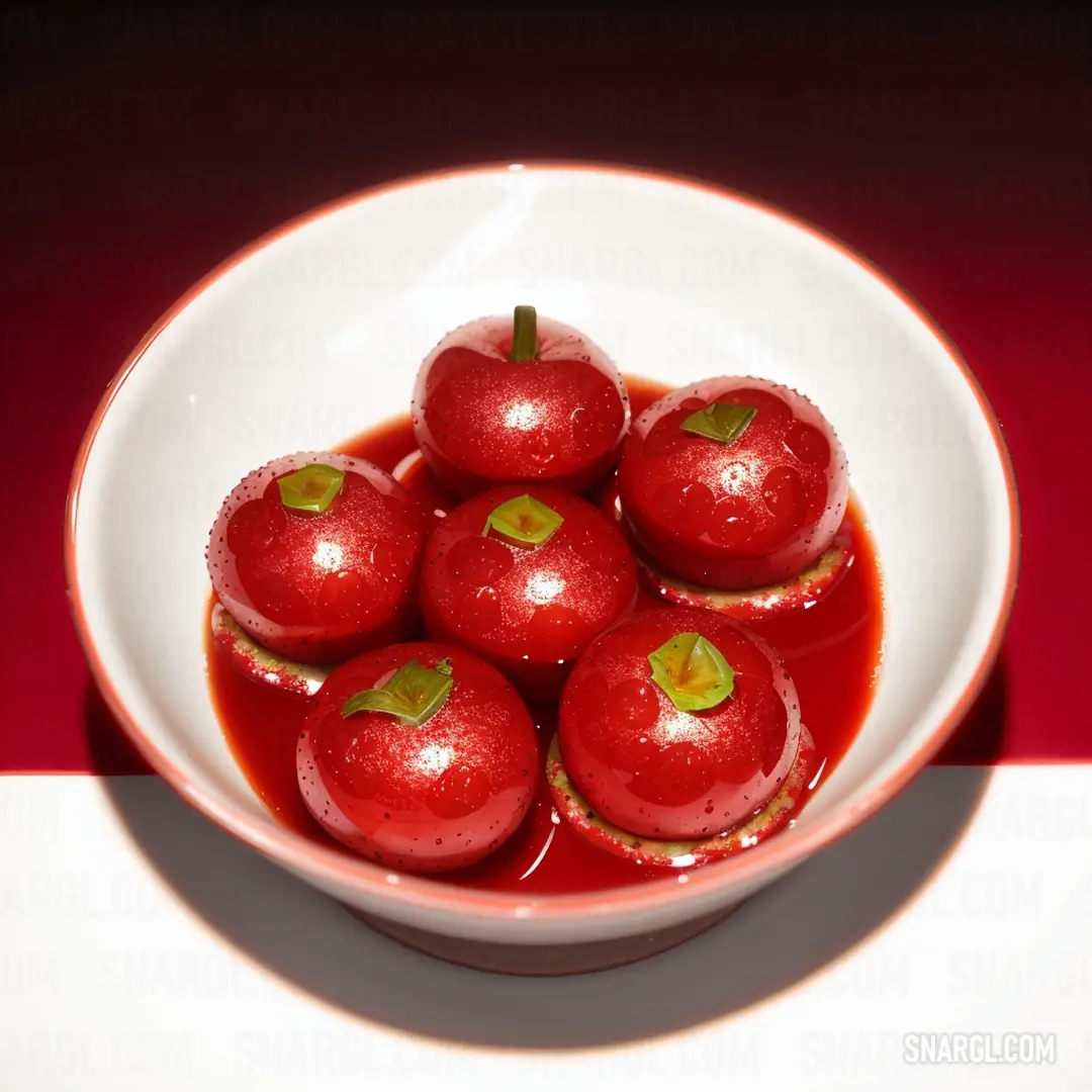 Bowl of cherries with a green leaf on top of it on a tablecloth. Example of CMYK 0,93,100,32 color.