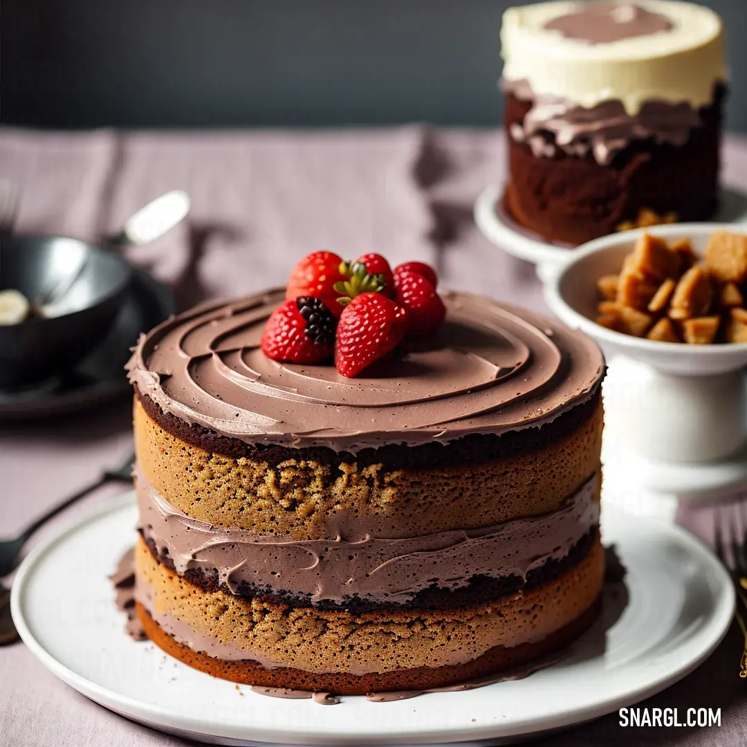 Chocolate cake with chocolate frosting and strawberries on top of it on a plate with a fork. Example of CMYK 0,93,100,32 color.