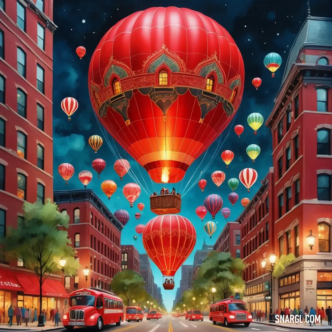 Painting of a city street with hot air balloons flying over it and a bus on the road below. Example of CMYK 0,93,100,32 color.