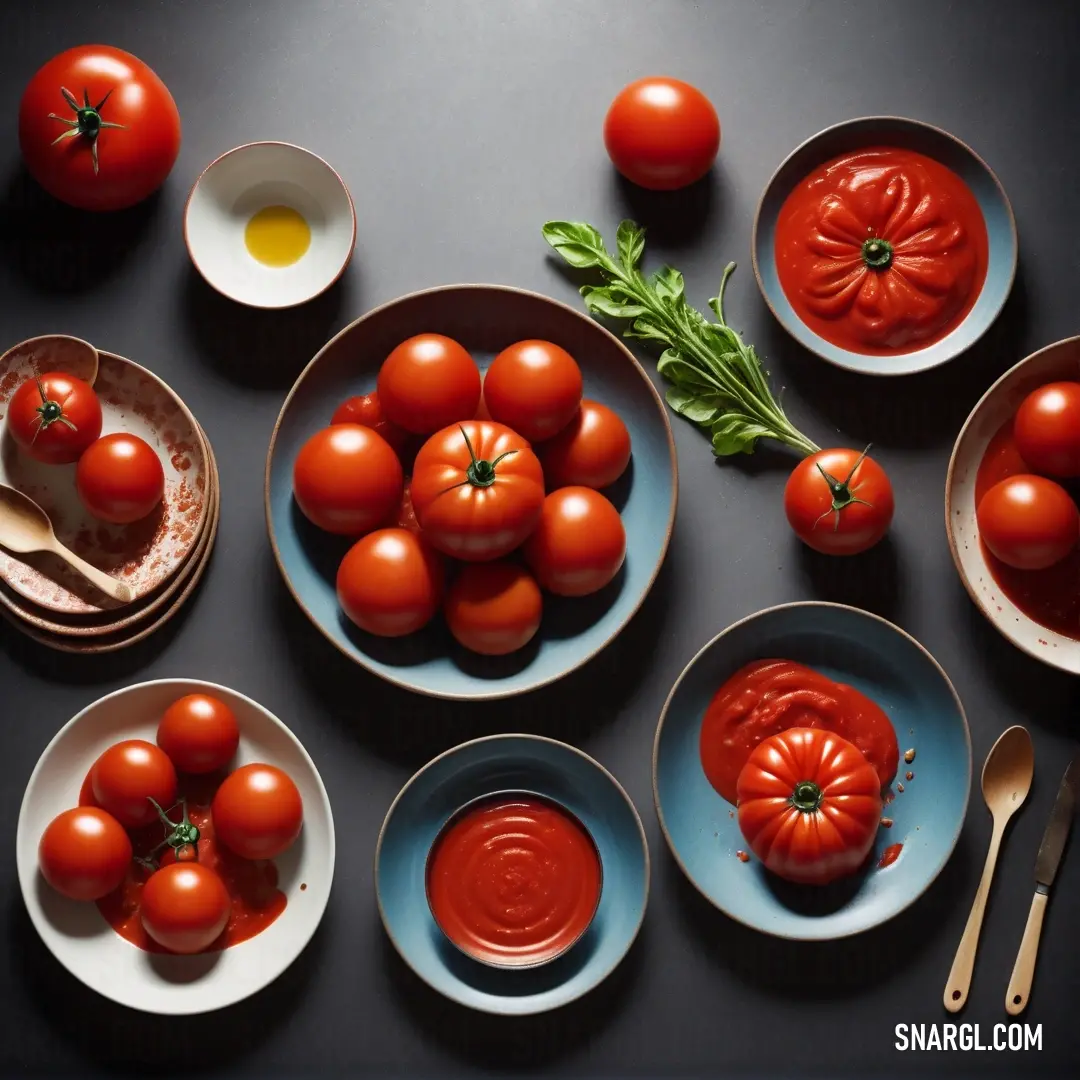 Table topped with plates of tomatoes and sauces next to a bowl of eggs and a spoon and a fork. Example of CMYK 0,93,100,32 color.
