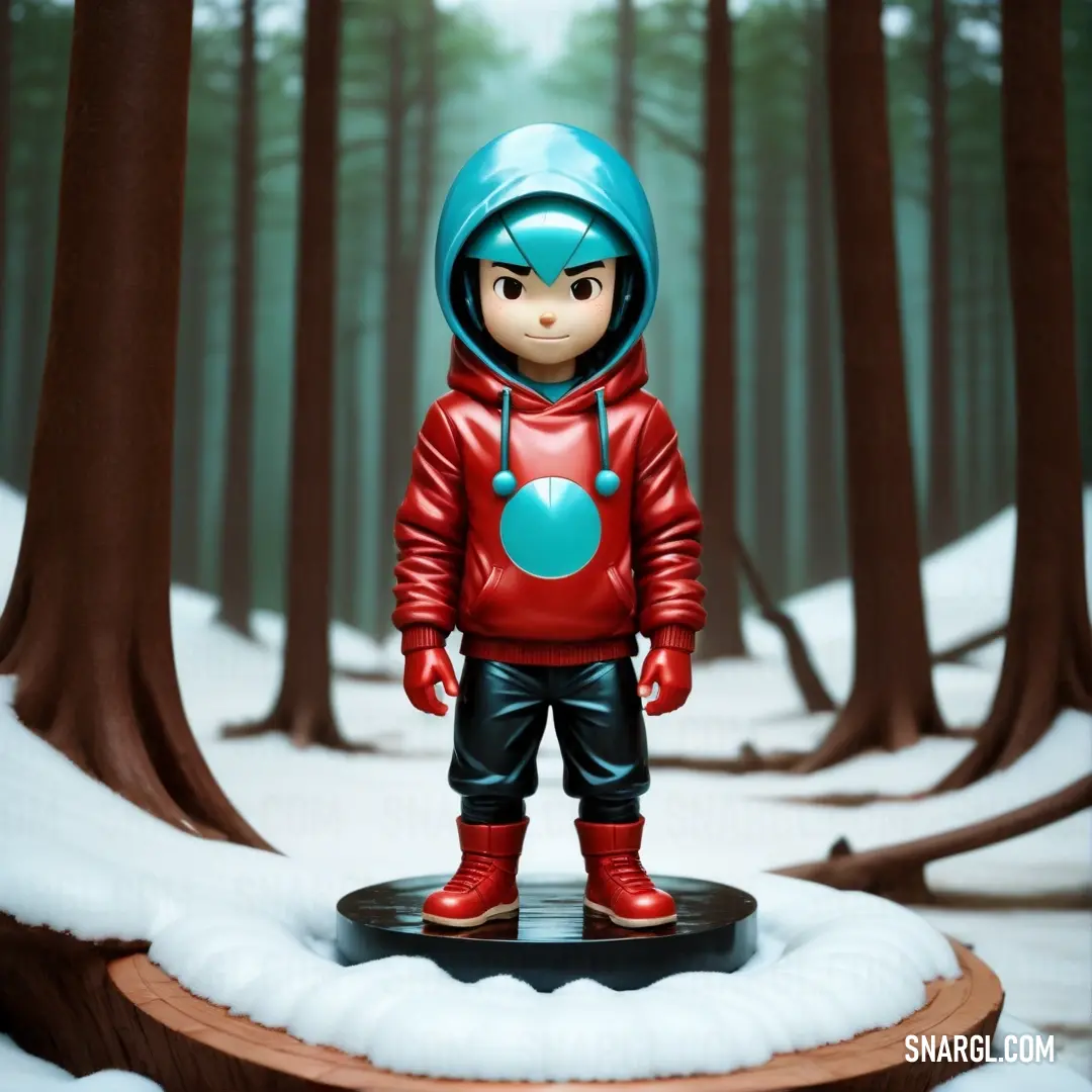 Toy figure of a boy in a red jacket and blue hoodie stands in a snowy forest. Color CMYK 0,93,100,32.