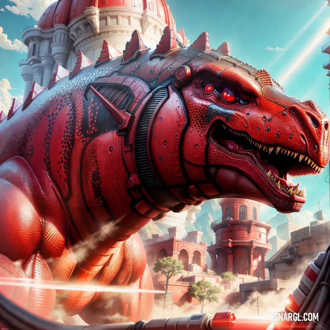 Red dinosaur with a large head and sharp teeth in front of a castle like building with a dome