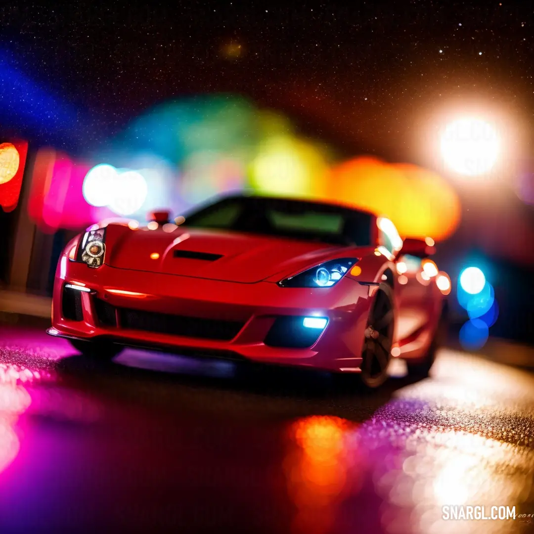 Red sports car driving down a street at night with colorful lights behind it and a blurry background