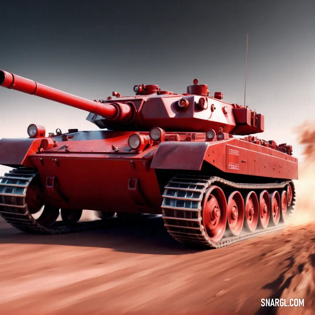 Red tank is driving through the desert with a sky background. Example of RGB 174,12,0 color.