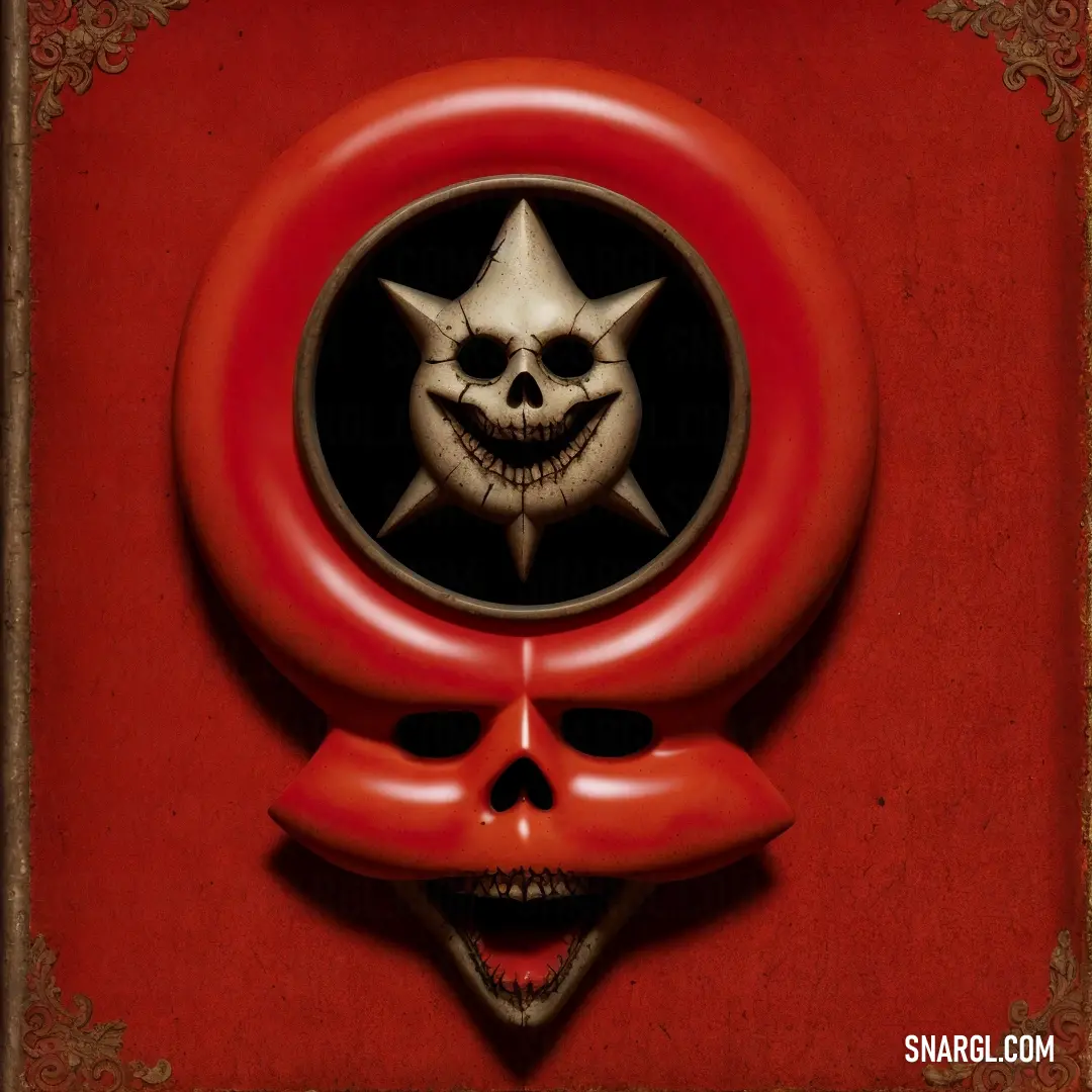 Red wall with a skull and a star on it's face and a red ring around it