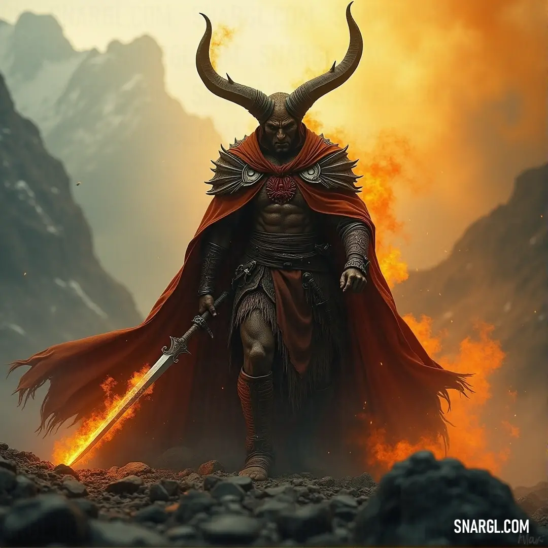 Mordecai, adorned with horns and a dramatic cape, wields his sword amidst a rugged, mountainous terrain. A powerful figure of Mordecai stands in a rocky landscape, his horns and cape flowing as he grips a sword, with towering mountains looming in the background, creating a sense of epic adventure.