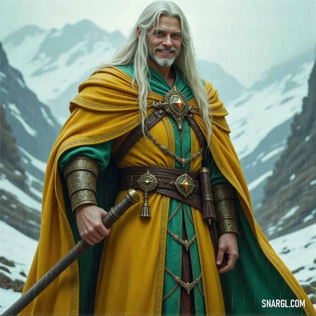 Mordenkainen, garbed in yellow and green, stands strong against a backdrop of towering mountains. His sword at the ready and cape unfurled, he prepares for whatever the future may hold. Mordenkainen, dressed in yellow and green, stands proudly against a mountainous backdrop. His sword gleams in the light, and his yellow cape billows in the wind, signaling his readiness for the next adventure.