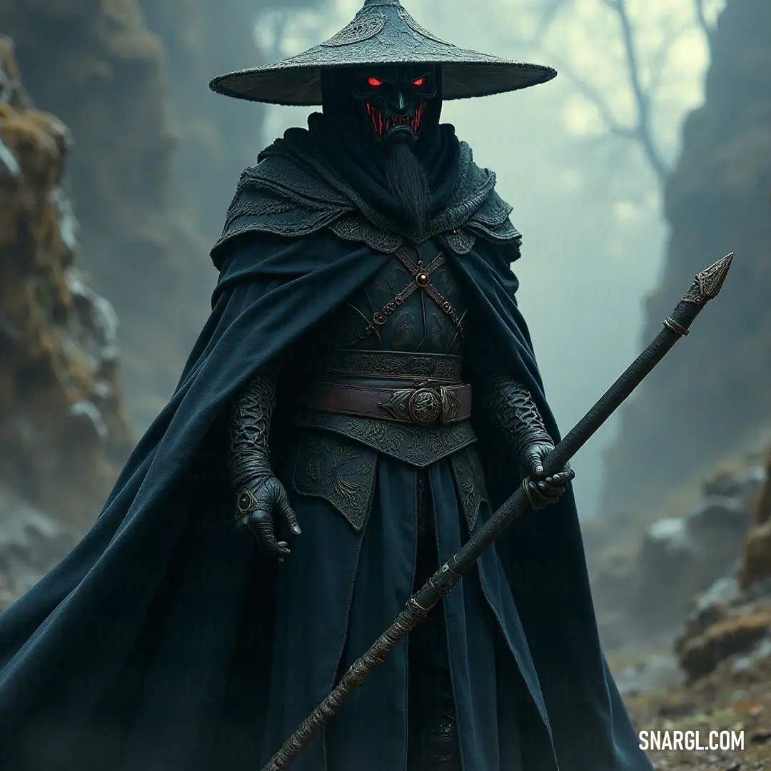 A striking sorcerer dressed in intricate black robes and a commanding hat stands poised, wielding a long staff that emanates a mystical red light, captivating viewers with an aura of wisdom and arcane power.