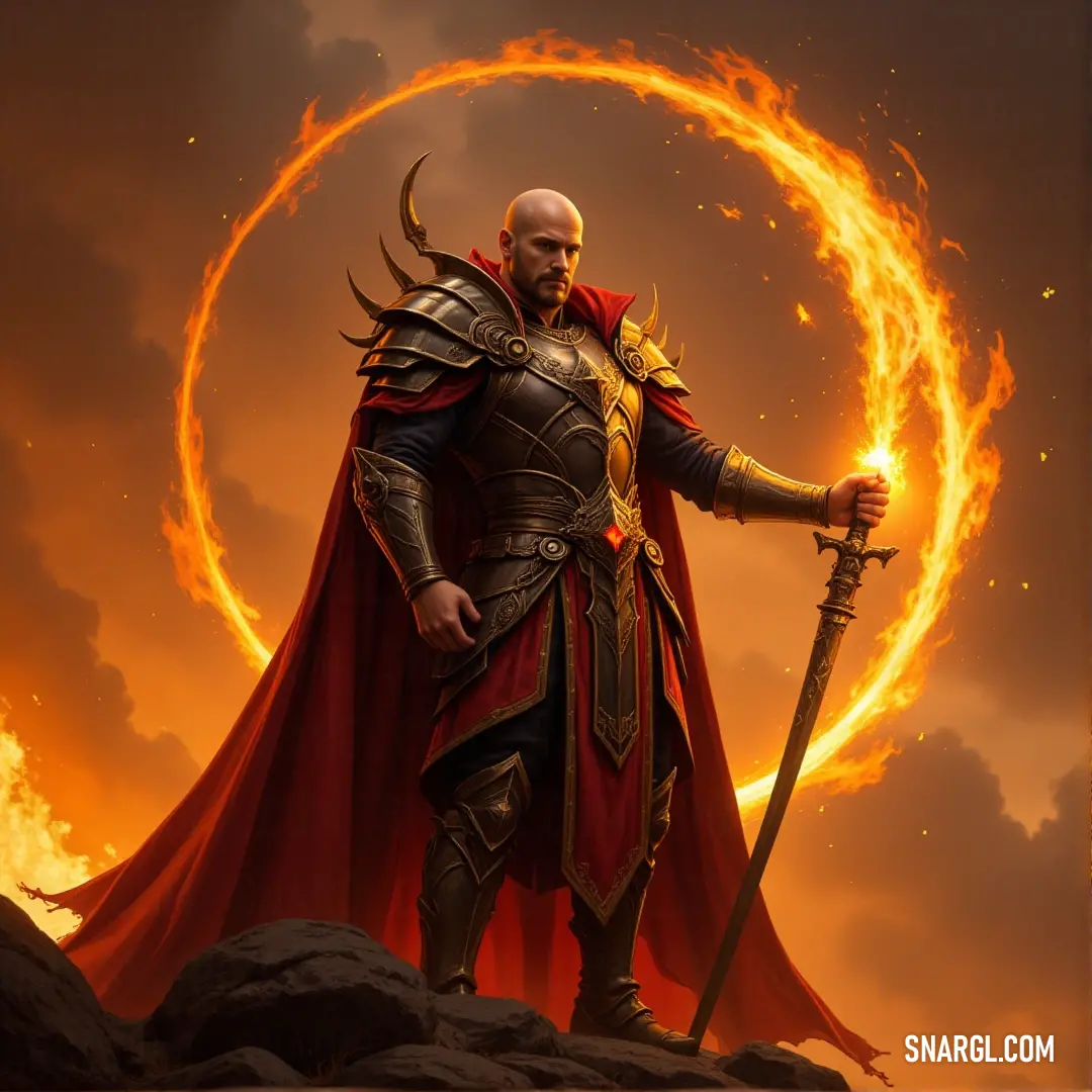 A wizard in a red cape brandishing a sword, with a fiery explosion illuminating his commanding figure, ready to face any challenge that arises. A skilled mage in a flowing red cape stands tall, holding a sword aloft as a powerful fireball explodes behind him. His stance is fierce and ready, surrounded by the raw energy of magic and flame.